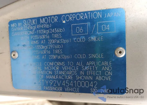 2005 Suzuki Xl7 Ex из США, поврежденный, VIN JS3TY92V454100042